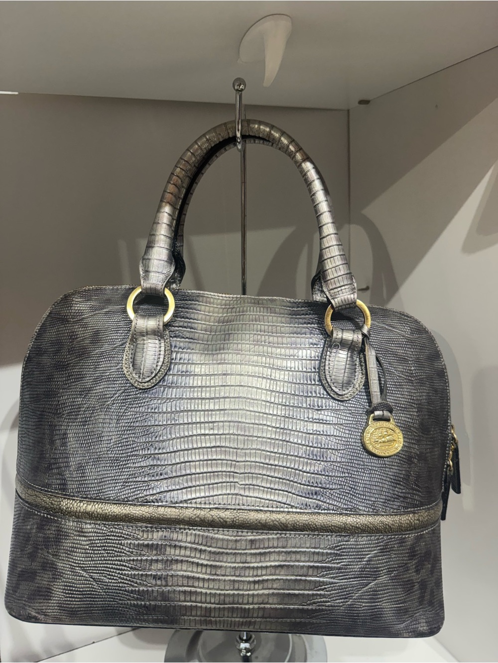 Brahmin Sydney Metallic Gray Embossed Leather Satchel with Gold Accents
